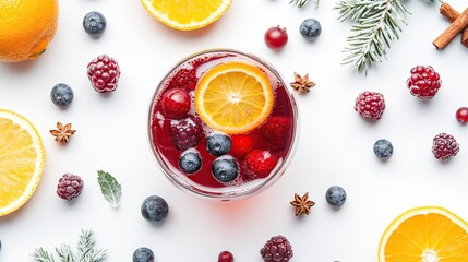 A festive drink garnished with fruits and surrounded by seasonal elements.