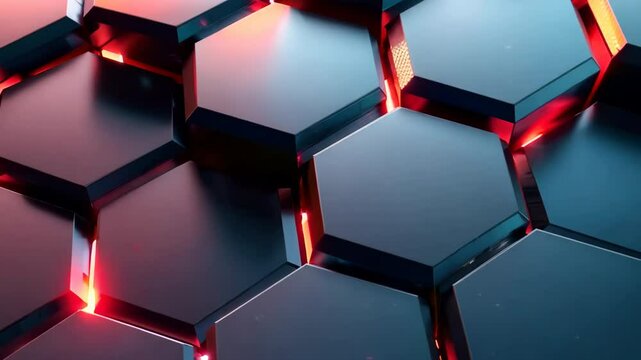 A close up of a black and red hexagon pattern. The red and black colors give the image a bold and striking appearance. The pattern is made up of many small squares, which create a sense of depth