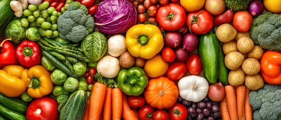 A vibrant arrangement of fresh vegetables and fruits on a table, showcasing an abundance of colors and textures.