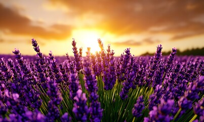 Fototapeta premium Lavender Field Serenity, a vibrant expanse of lavender blooms gently swaying in the breeze under a clear blue sky, evoking tranquility and beauty.