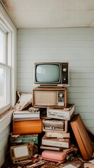 An arrangement of vintage televisions and old furniture in a sunlit room, evoking nostalgia and forgotten times.