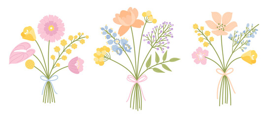 Floral bouquets set. Wildflower bunch. Flowers tied with ribbon, vector illustration. Meadow herbs, and wild plants for design projects