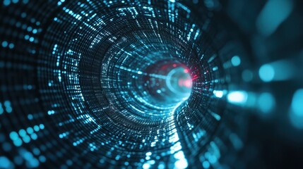 Fototapeta premium 3D Rendering of abstract wire cable tunnel with digital binary data transmitting. Depth of field effect. Inside AI concept. Technology, machine learning, big data, virtualization. Product background