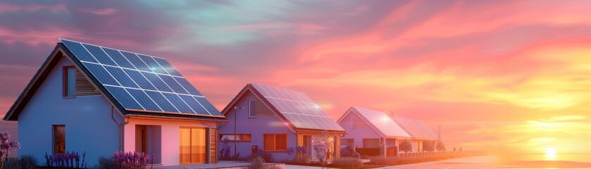 Fototapeta premium Modern Houses with Solar Panels at Sunset