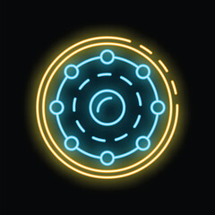 Bright neon sign depicting the structure of an atom, with a nucleus and orbiting electrons, set against a dark background