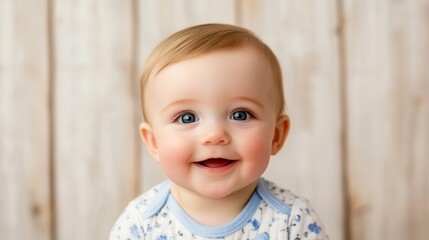 Cute baby smiling with bright eyes, wearing a patterned onesie, against a wooden background.