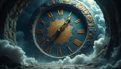 Obraz premium A massive, intricately carved clock face emerges from a swirling vortex of time. The clock hands are made of swirling galaxies