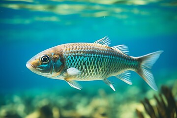 Fototapeta premium Colorful fish swimming in clear tropical waters amidst coral reefs in a vibrant underwater habitat
