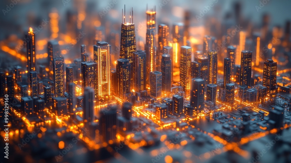 Canvas Prints A futuristic city skyline with glowing lights and skyscrapers.