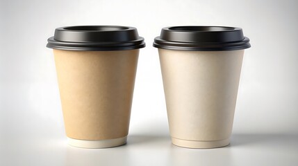 Two Brown Paper Coffee Cups with Black Lids Mockup Template on White Background