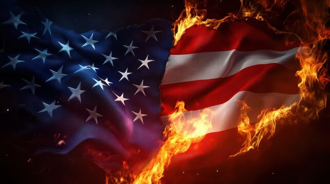 American flag burning in flames on dark background. Close up, usa vs russia war flags divided with fire, AI Generated