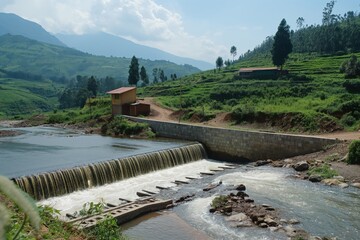 Fototapeta premium Small hydroelectric power plant is generating clean energy from a river flowing through a lush green valley