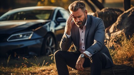 Man in formal attire sitting by roadside after car accident, looking stressed and contemplative