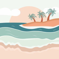 Summer illustration, palm trees on the island, sea and sun, pastel colors. Paradise, vacation concept. Vector