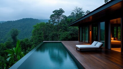 Fototapeta premium Luxurious villa with infinity pool overlooking lush green mountains, perfect for relaxation and tranquility.