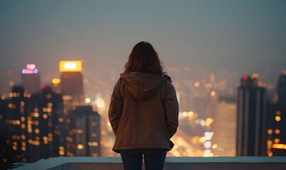  woman standing on the edge of a rooftop, looking out over the sparkling city skyline at night, Generative AI