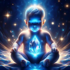 Meditating with a crystal inside him on a blue background.
