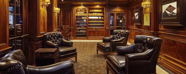 A sophisticated cigar lounge with dark leather chairs, wooden paneling, and a walk-in humidor visible in the background