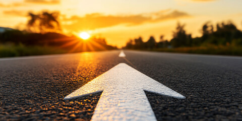 White Arrow Guiding Drivers on a Winding Road During a Vibrant Sunset