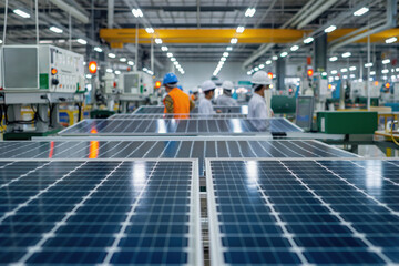 Solar panel manufacturing plant operating with engineers inspecting the production line of solar panels