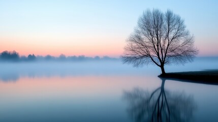 Serene landscape featuring a lone tree reflected in calm waters at dawn, surrounded by misty hues of blue and pink.