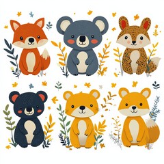 Cute  koala, bear, fox, bunny, sloth, leopard - vector print 