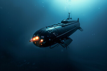 Beautiful large bathyscaphe floating in middle of ocean during exploration