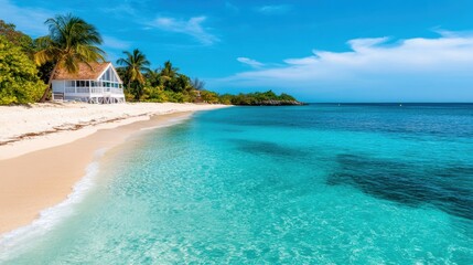 Stunning tropical beach with clear turquoise water, golden sand, and a picturesque house amidst lush greenery under a bright blue sky.