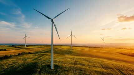 Obraz premium Wind turbines on a vast green field under a vibrant sunset sky, symbolizing renewable energy and sustainable living.