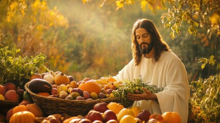 Jesus blessing a bountiful harvest of fruits and vegetables, thanks giving, soft autumn hues filling the landscape, 
