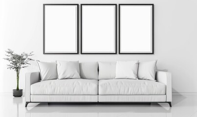 White sofa with three blank frames on the wall in a modern living room. Interior design and decoration mockup.