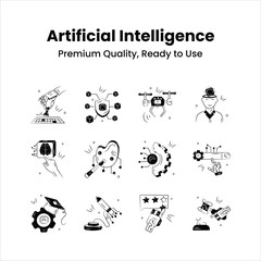 Collection of artificial intelligence icons in trendy doodle style