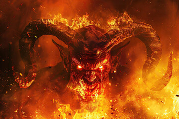 Scary sinister devil is in hell with dramatic fire lighting on the background