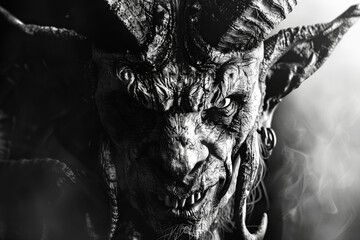 Scary sinister devil is in hell with dramatic fire lighting on the background