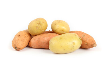 potatoes and sweet potatoes raw isolated on white 