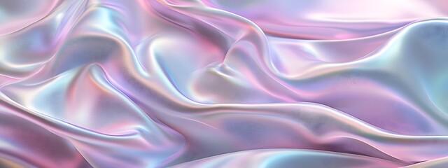 Obraz premium A close-up of an iridescent holographic satin cloth, with soft curves and gentle folds that undulate in the wind