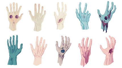 Fototapeta premium Simple pastel zombie hand set of icons with smooth lines and soft tones placed on a clean background