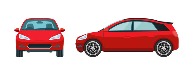 Modern Cartoon Hatchback Car Vector. Frontal, Front, and Side Views of a Stylish Sedan Vehicle in Red.