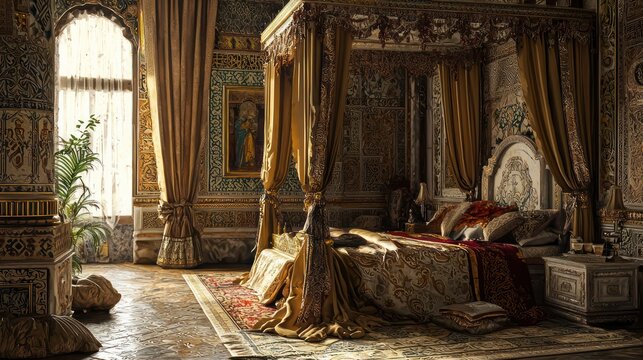 A sumptuous Byzantine bedroom with ornate mosaics, heavy brocade curtains, and a canopy bed