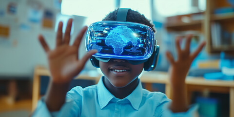 School student using VR headset with AI in classroom