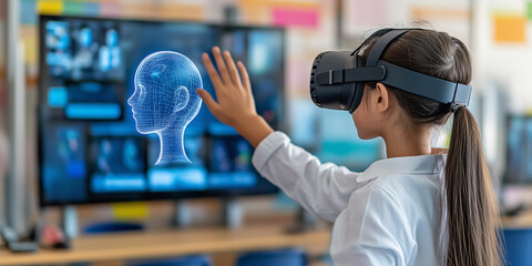 School student using VR headset with AI in classroom