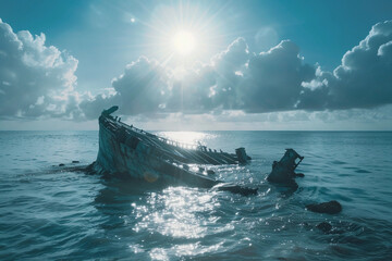 Underwater view of an old sunken ship on seabed with fish swimming