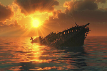 Fototapeta premium Underwater view of an old sunken ship on seabed with fish swimming