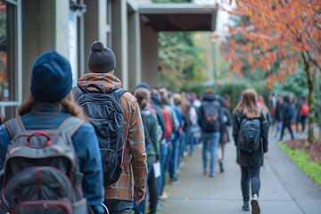 Zoom out to reveal the long line of students waiting outside the university counseling center, underscoring the widespread impact of academic stress. , background blur