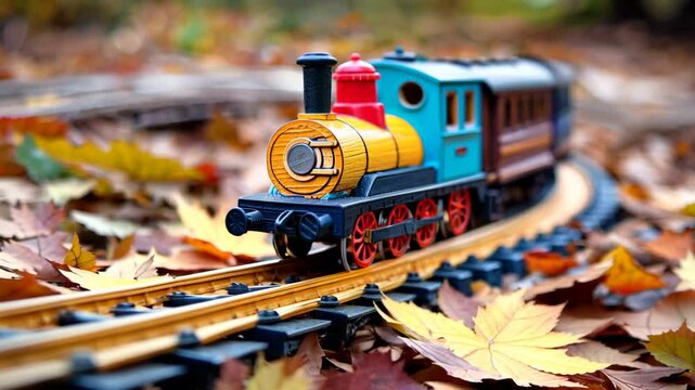 A toy train is on a track with leaves on the ground. The train is yellow and blue