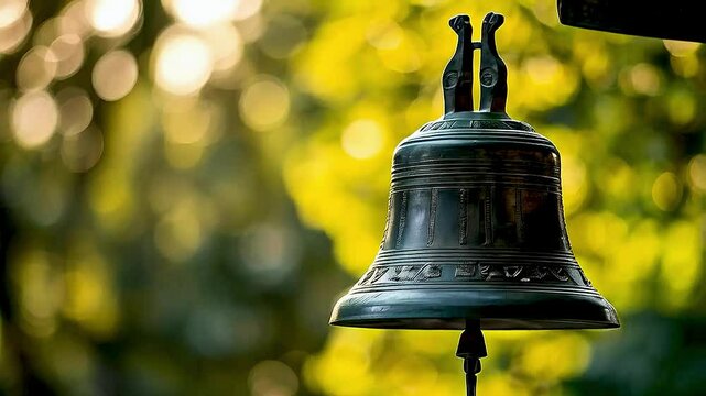 A bell  is hanging from a hook, with a blurred background of trees and sunlight.