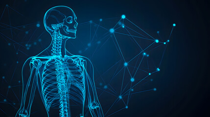 An artistic x-ray of a human skeleton with glowing bones on a dark background, featuring abstract geometric shapes for visual appeal.