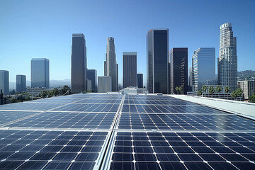Solar panels are installed on a rooftop, generating clean and renewable energy for a modern city skyline