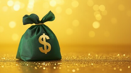 Still life photograph of a small green cloth bag with a gold dollar sign placed on a glittery golden surface, surrounded by warm golden hues and bokeh effects for a festive, luxurious composition