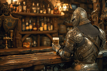 A fantastic royal knight in armor drinks beer at a local bar